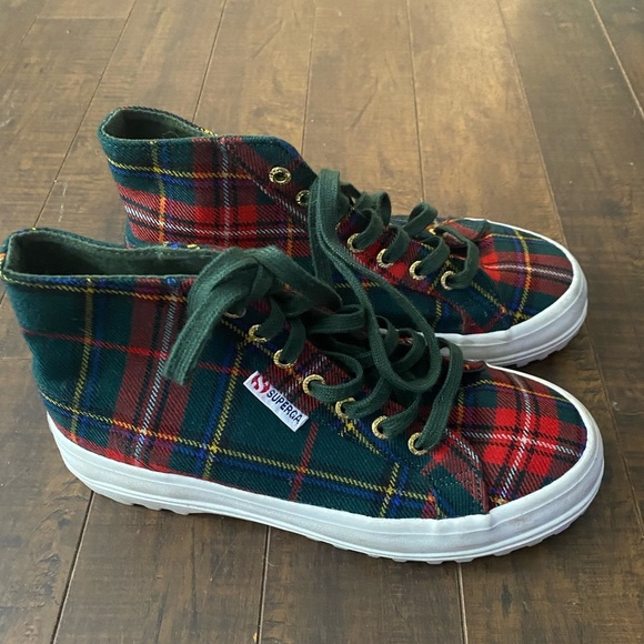 Superga 2431 Suede High top lace up green plaid sneakers - Picture 5 of 11